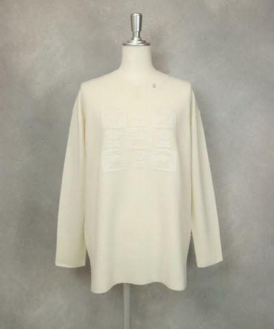 ウール100％コード刺繍Vネックニットプルオーバー（ホワイト）