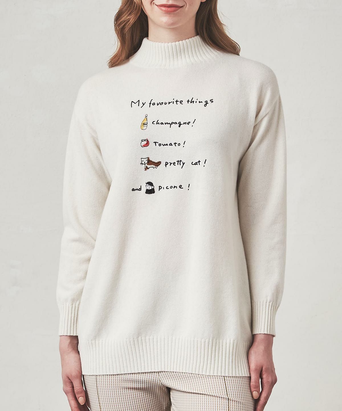 ウール100％ワード刺繍ニット（ホワイト）着用イメージ