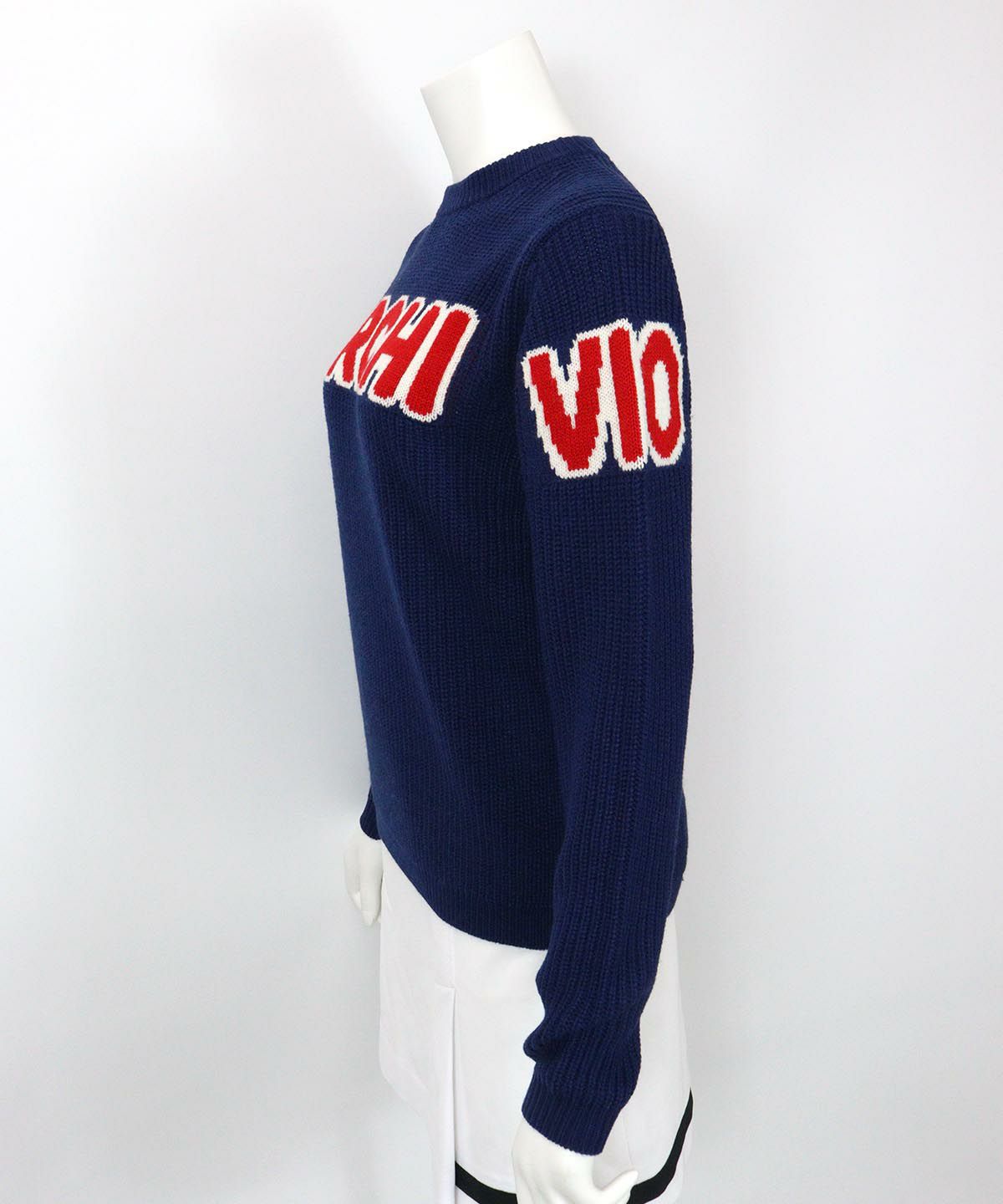 ウール混ロゴ片畦ニットサイド（ネイビー）