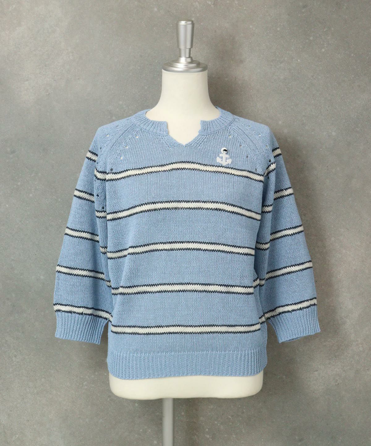 七分袖スキッパーニット（ブルー）