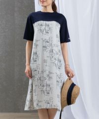 シフォン切替線画冷感ワンピース後(ベージュ）