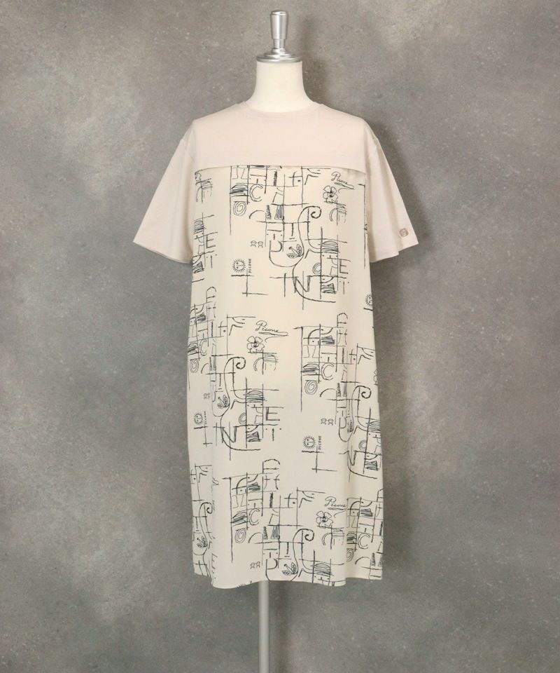 シフォン切替線画冷感ワンピース(ライトグレー）