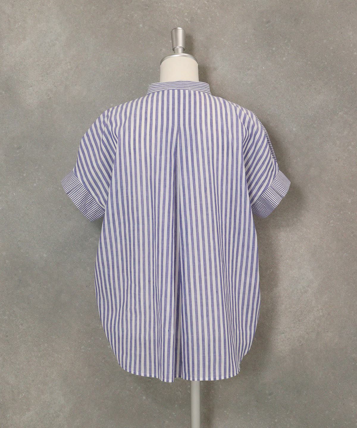 コットン×麻ストライプブラウス後（ネイビー）