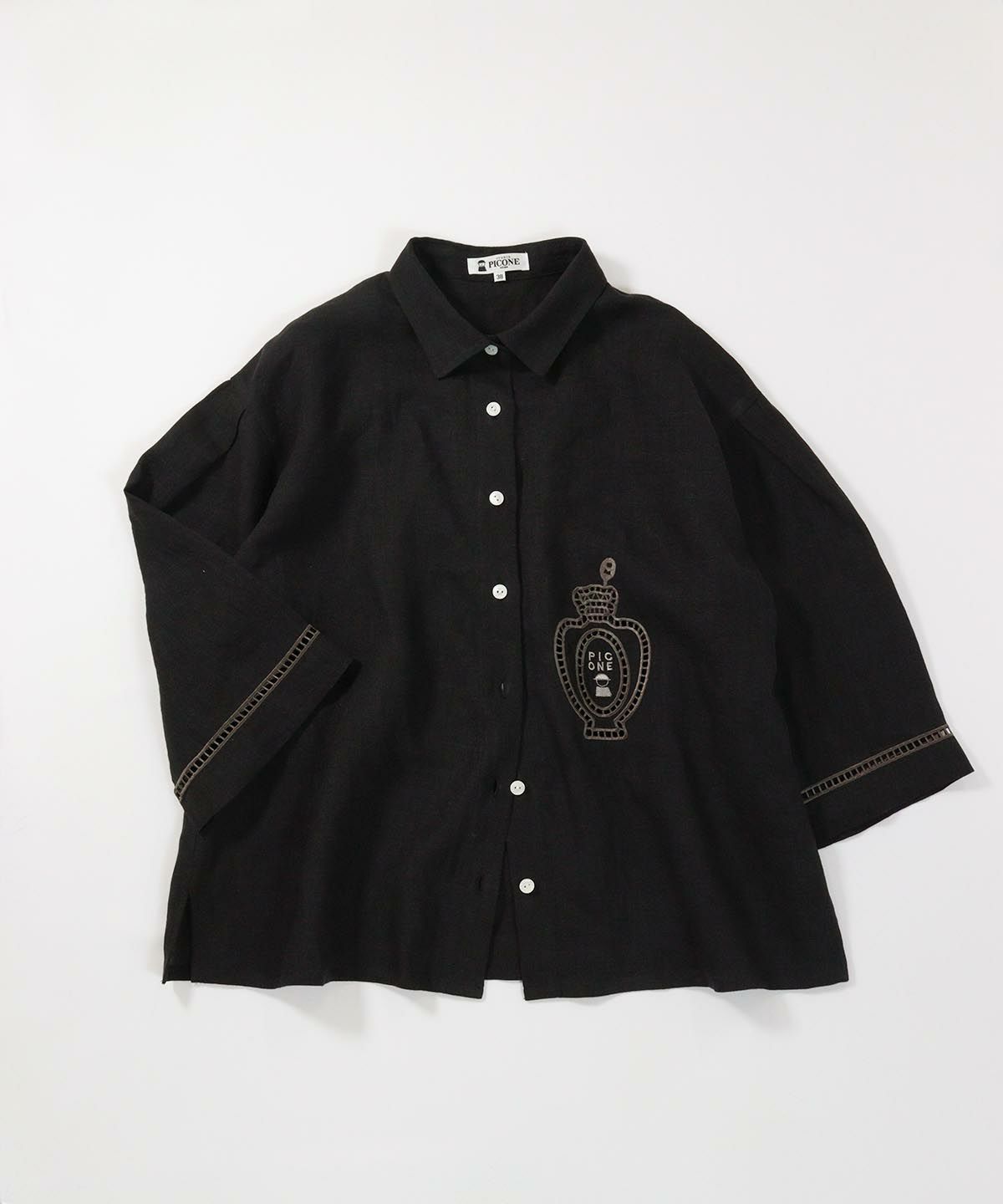 麻100％エンブロイダリーブラウス(ブラック)