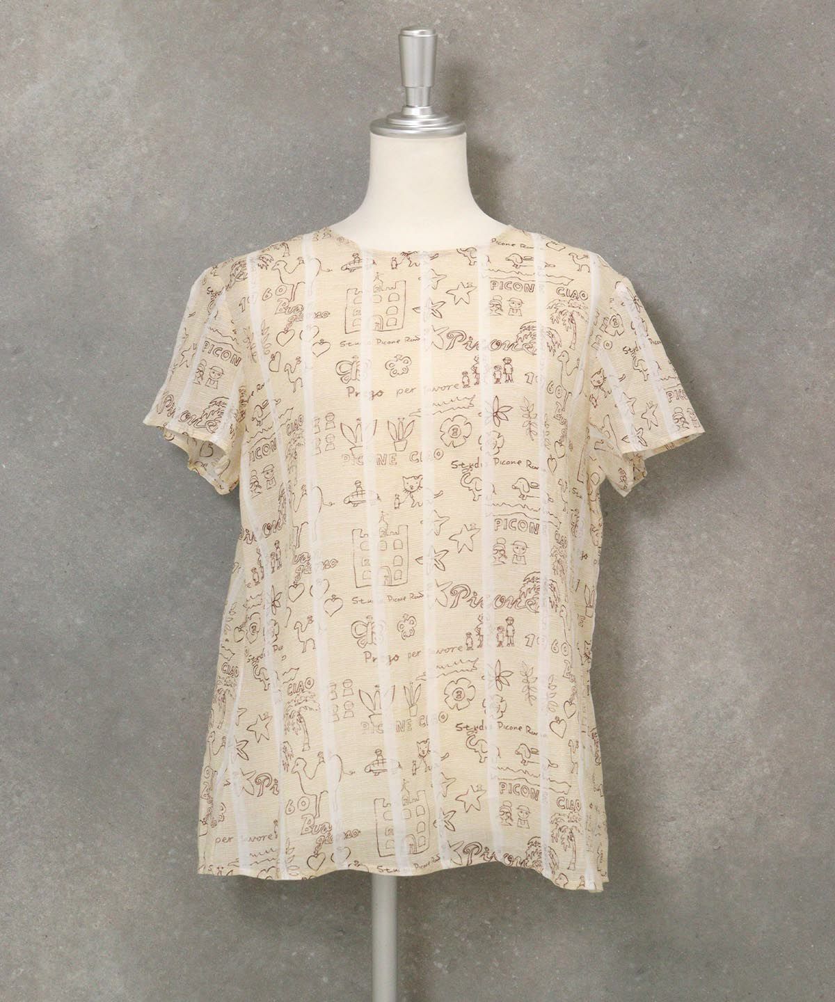 麻100％ストライプ総柄ブラウス(ベージュ)