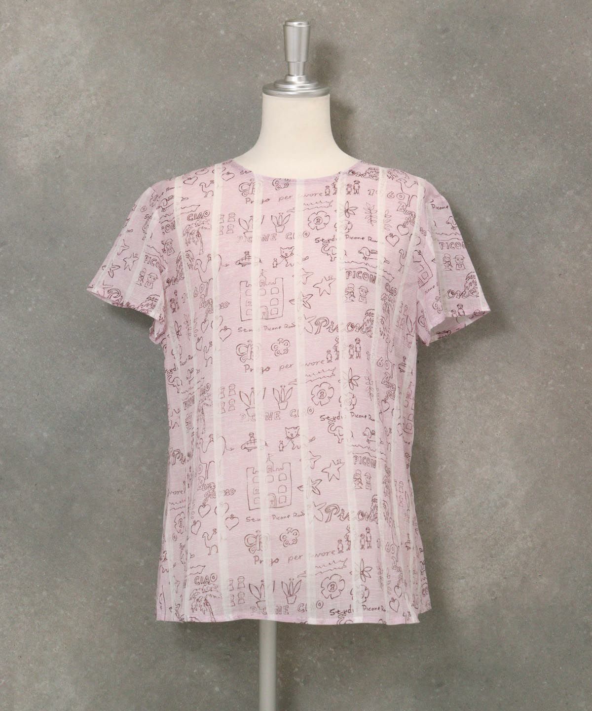 麻100％ストライプ総柄ブラウス(ピンク)