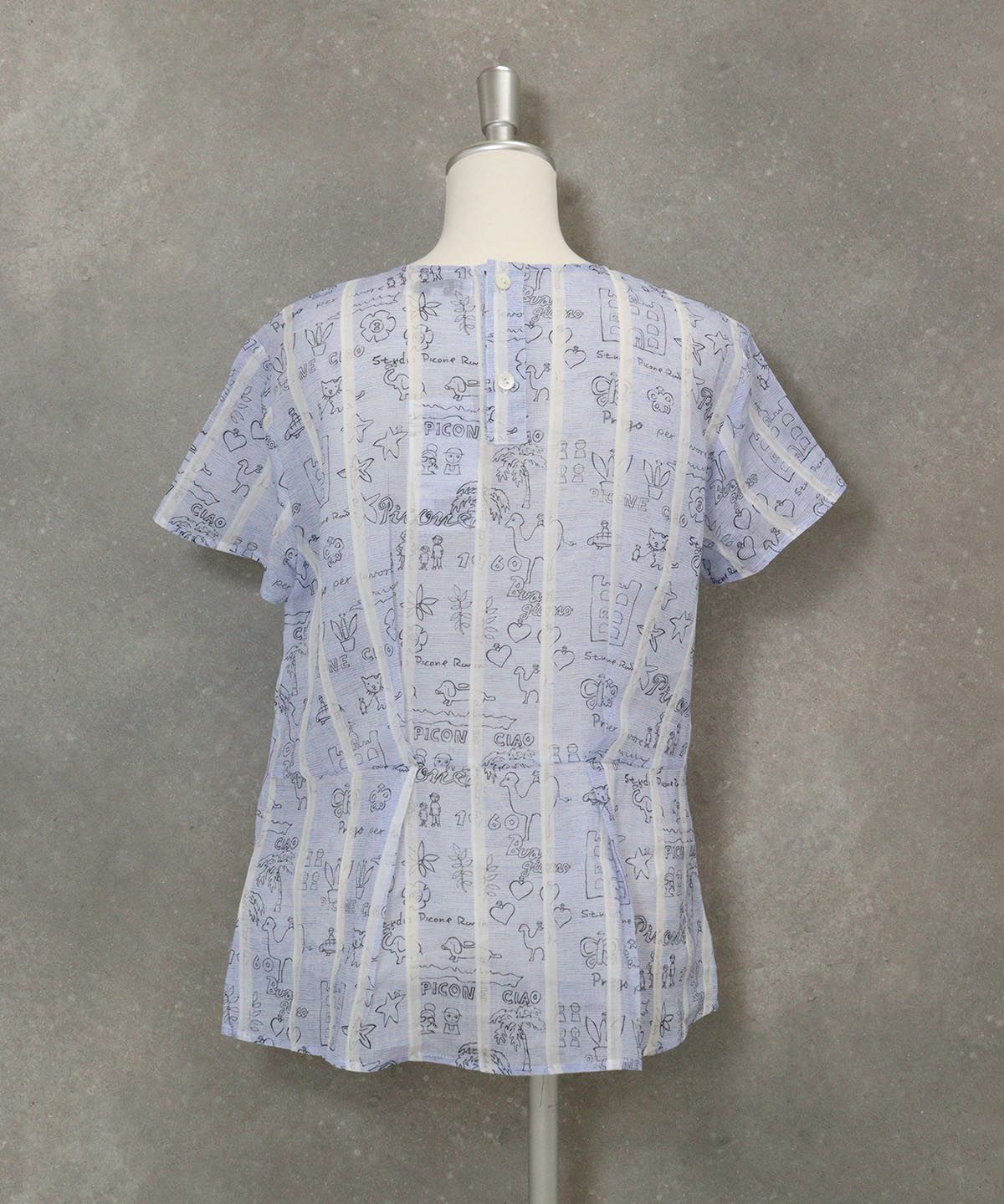 麻100％ストライプ総柄ブラウス後(ブルー)