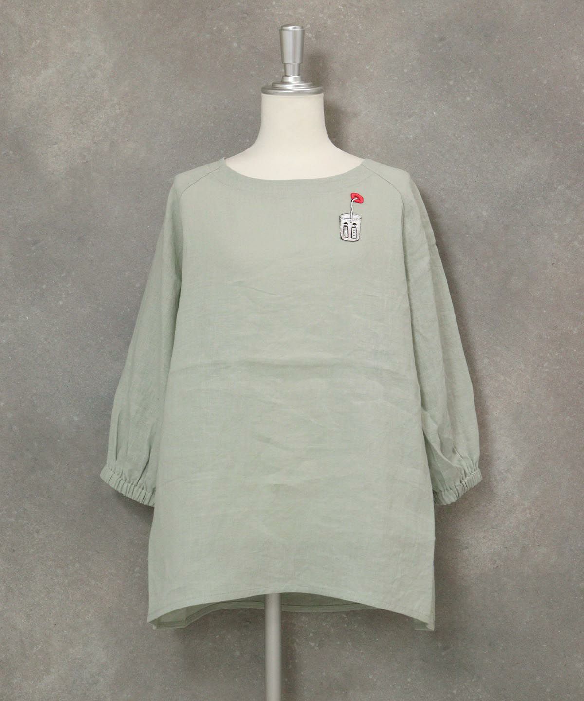 刺繍ワッペン麻100％チュニック(ライトグリーン)