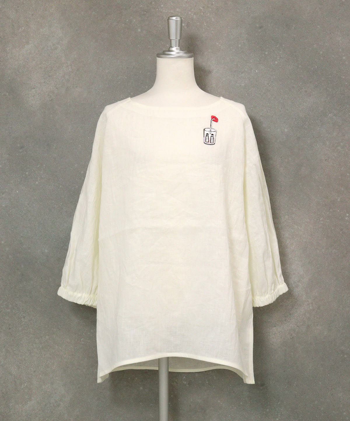 刺繍ワッペン麻100％チュニック(ホワイト)