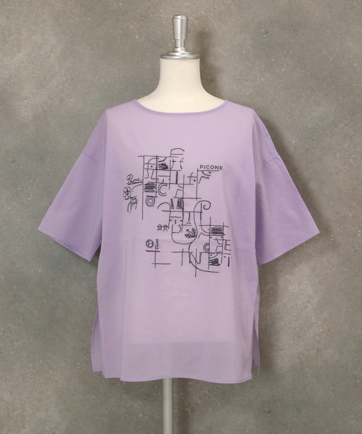 コットン100％線画刺繍プルオーバー(ライトパープル)