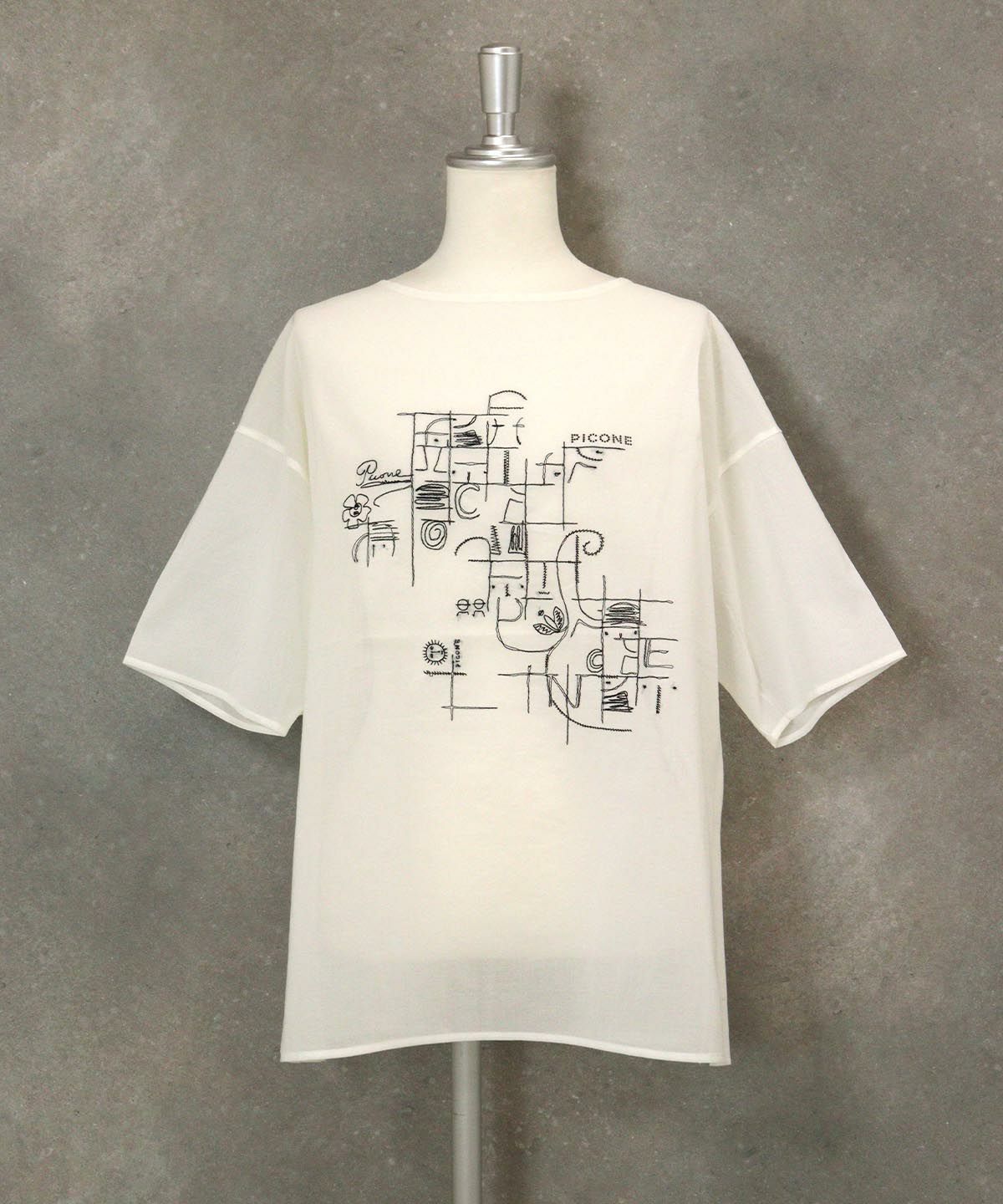 コットン100％線画刺繍プルオーバー(ホワイト)