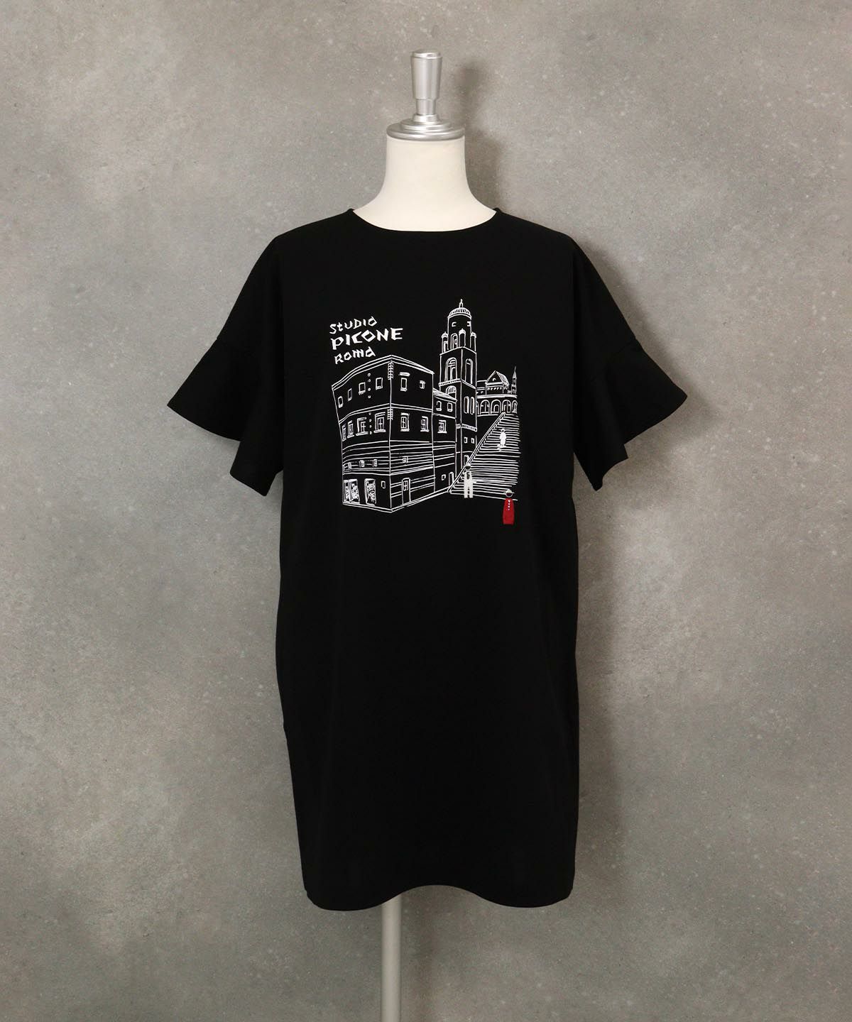 袖フリルイラストチュニック(ブラック)