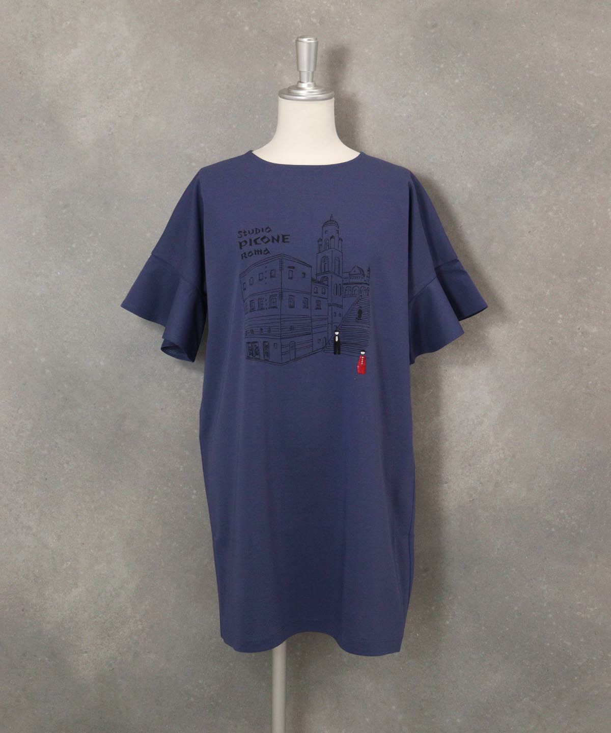 袖フリルイラストチュニック(ネイビー)