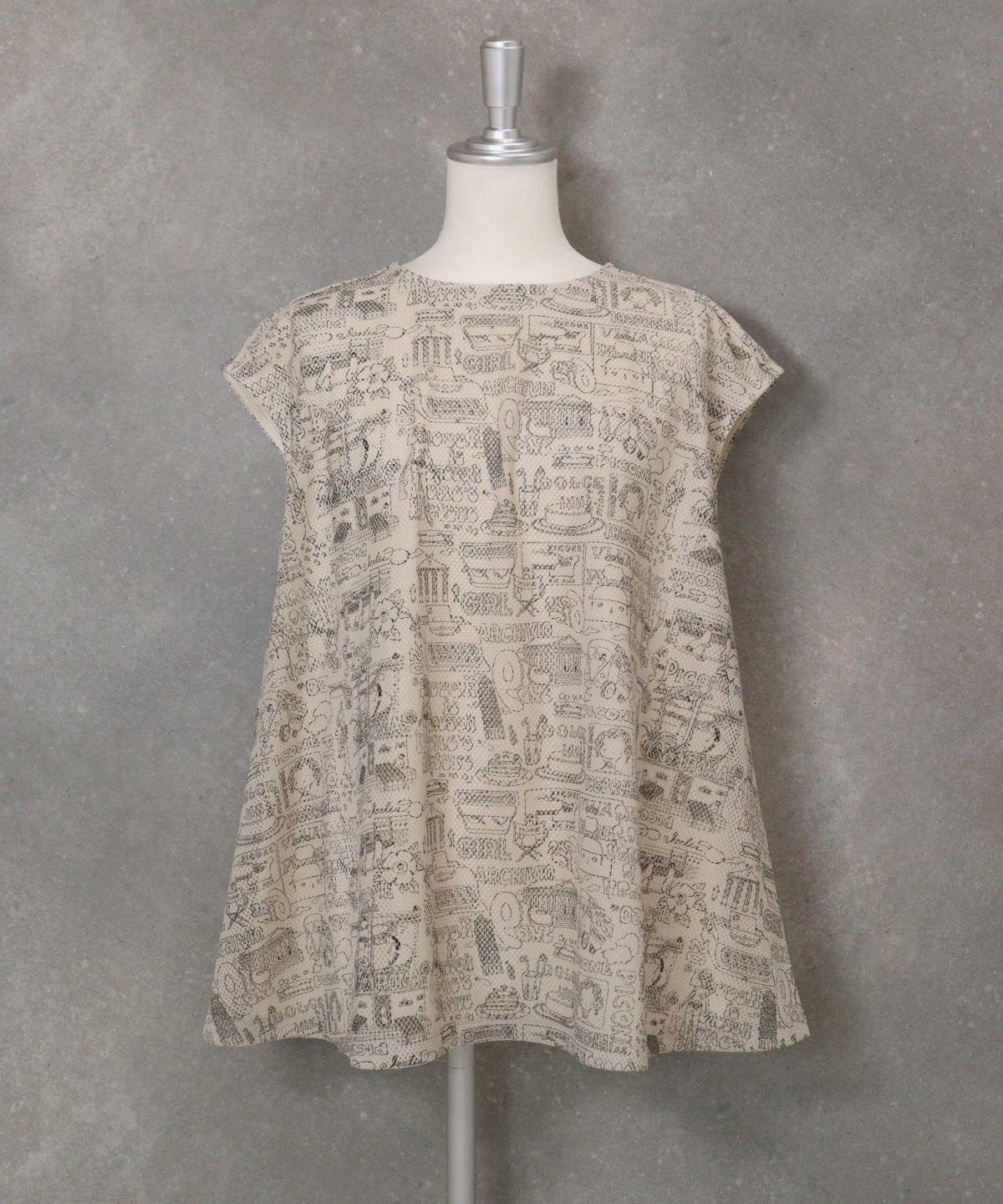 メッシュ地プリントノースリトップス(ベージュ)