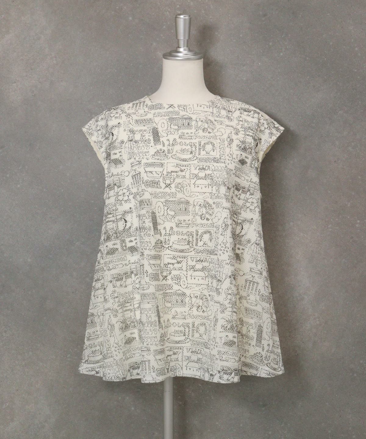 メッシュ地プリントノースリトップス(ホワイト)