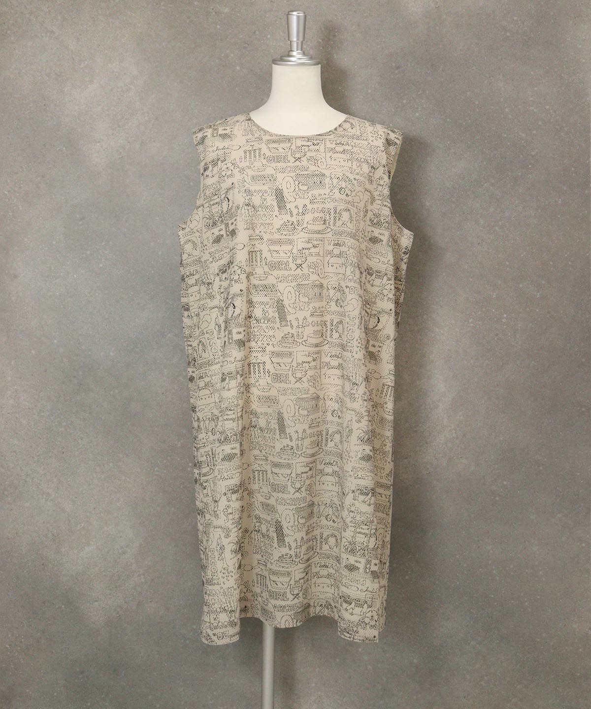 メッシュ地プリントワンピース(ベージュ)