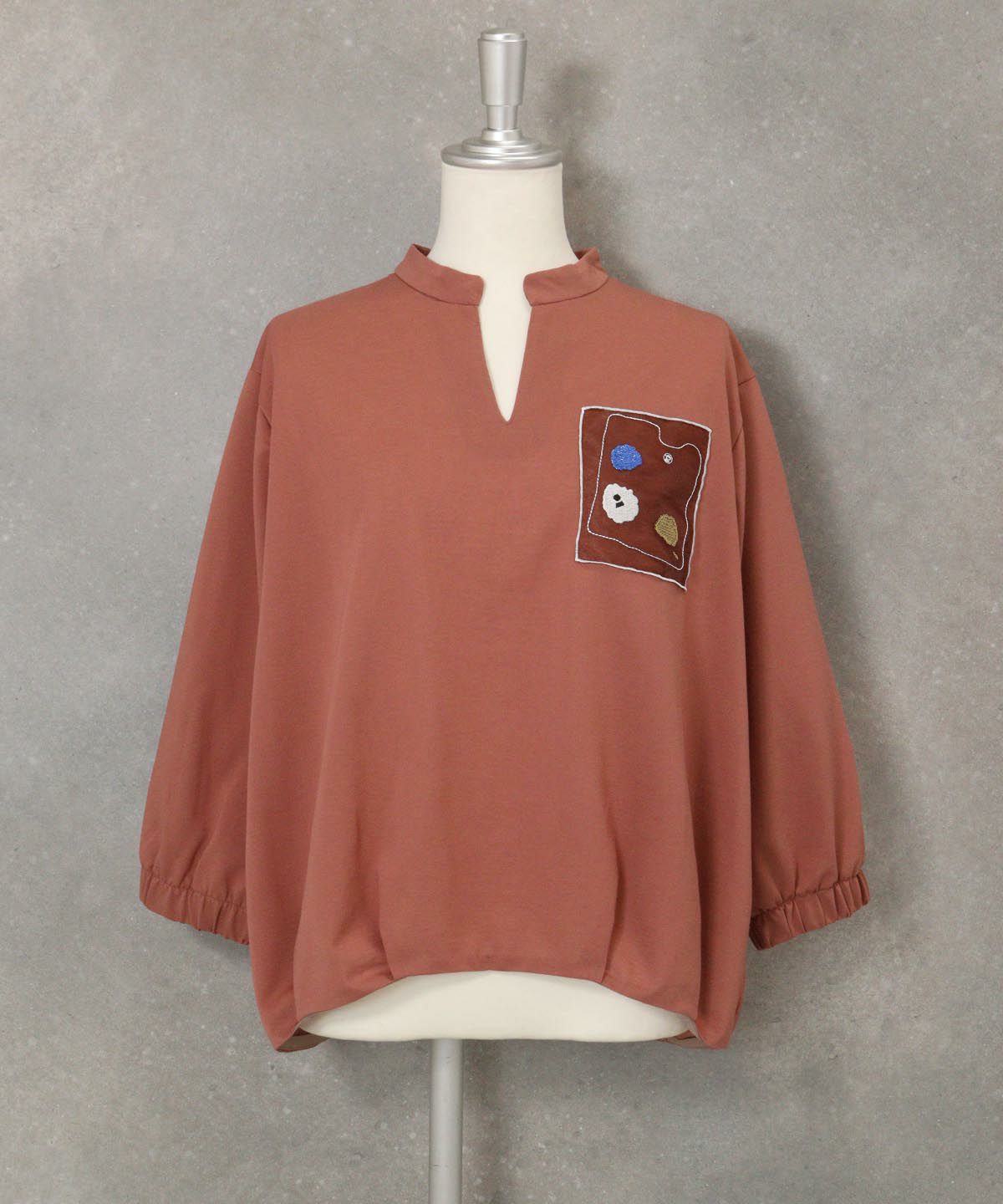 七分袖冷感スキッパープルオーバー(ブラウン)