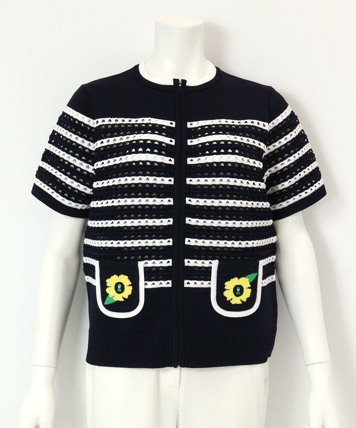 フラワー刺繍ジップカーディガン（ネイビー）