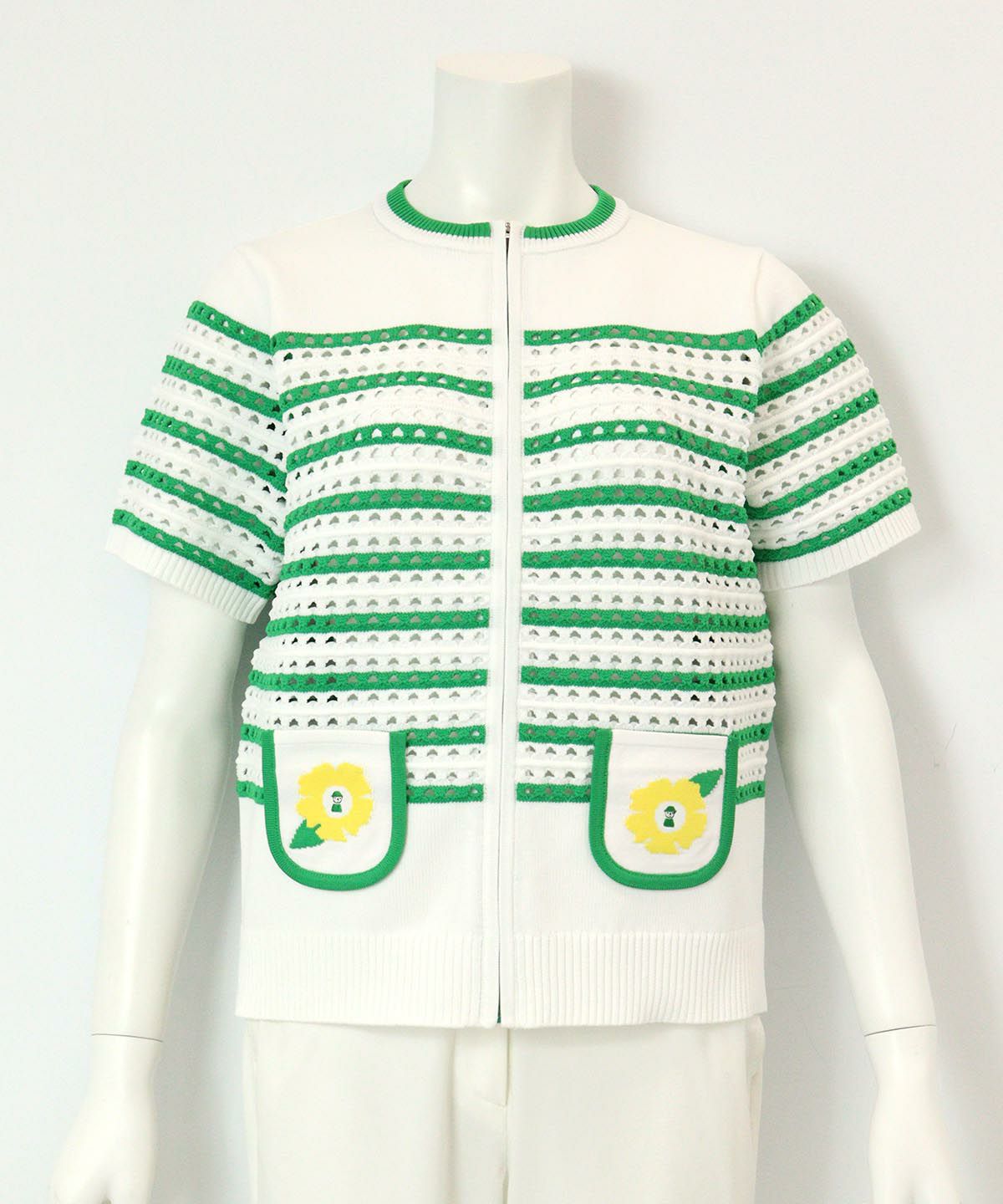 フラワー刺繍ジップカーディガン（ホワイト×グリーン）