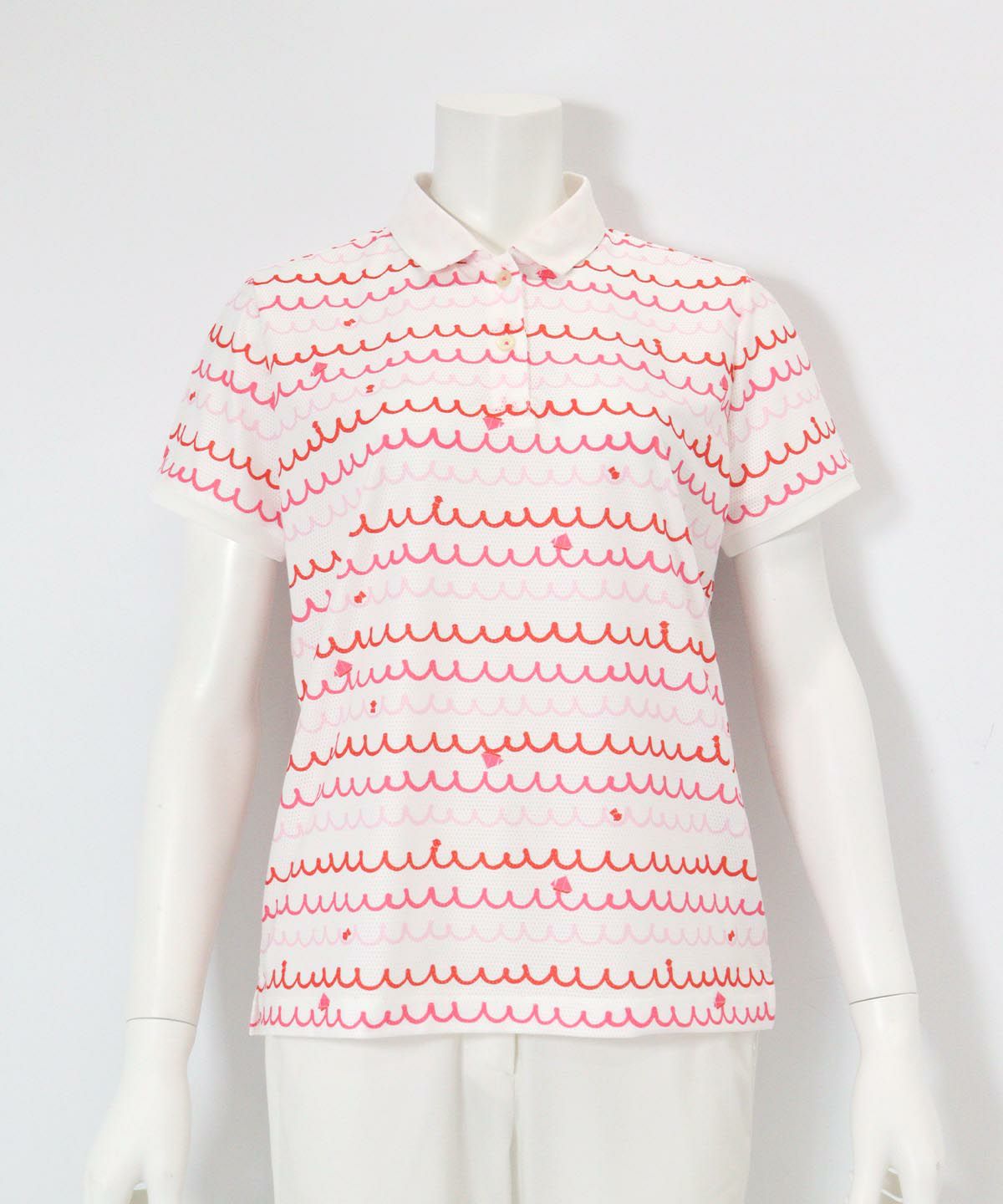 メッシュ波柄UVポロシャツ(ホワイト×レッド）