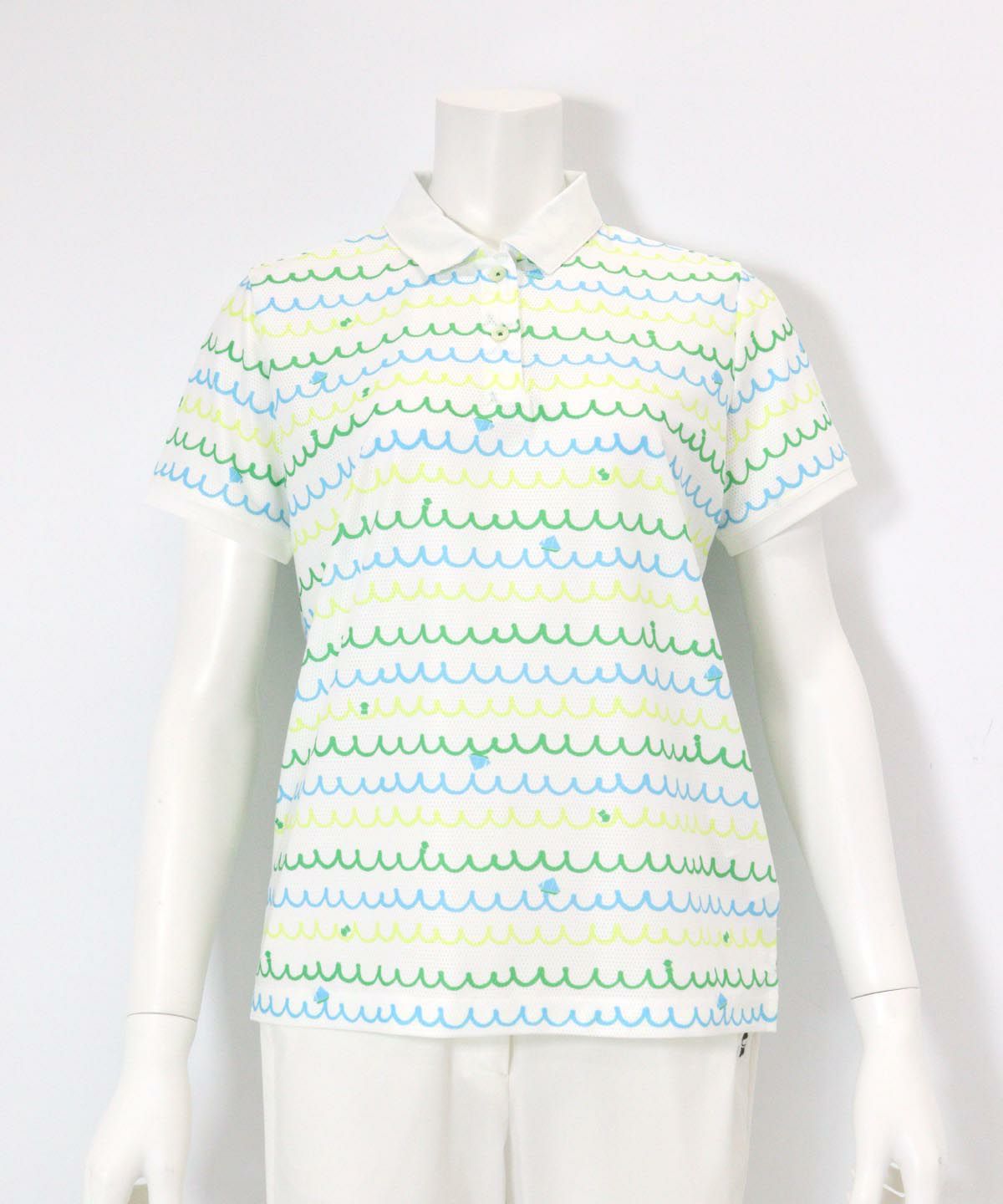 メッシュ波柄UVポロシャツ(ホワイト×グリーン）