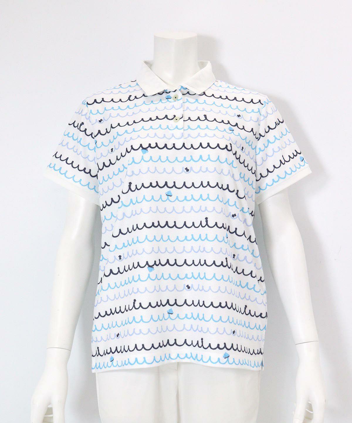 メッシュ波柄UVポロシャツ(ホワイト×ブルー）