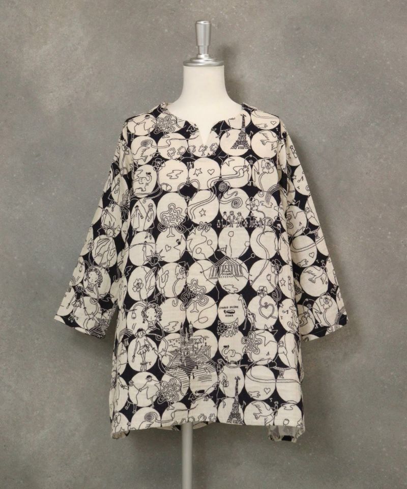 【UCHINOコラボ】サークル柄コットンチュニック(ブラック×ベージュ)