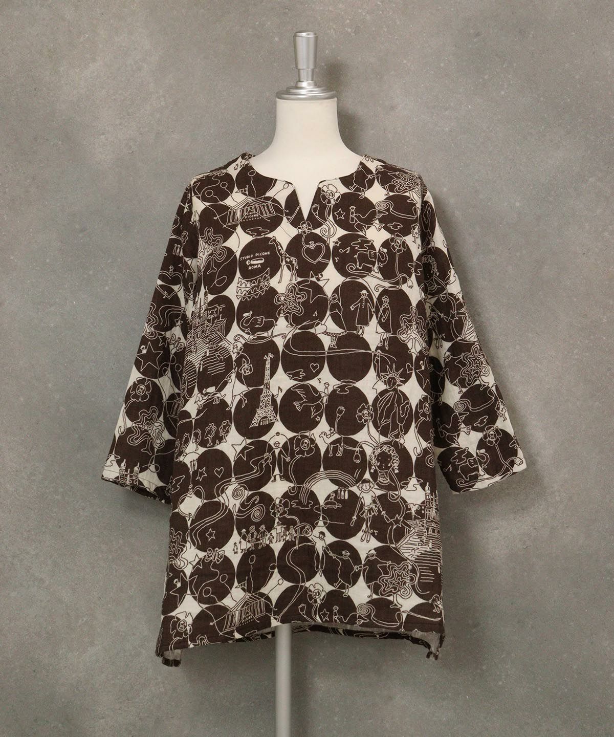 【UCHINOコラボ】サークル柄コットンチュニック(ベージュ×ブラウン)