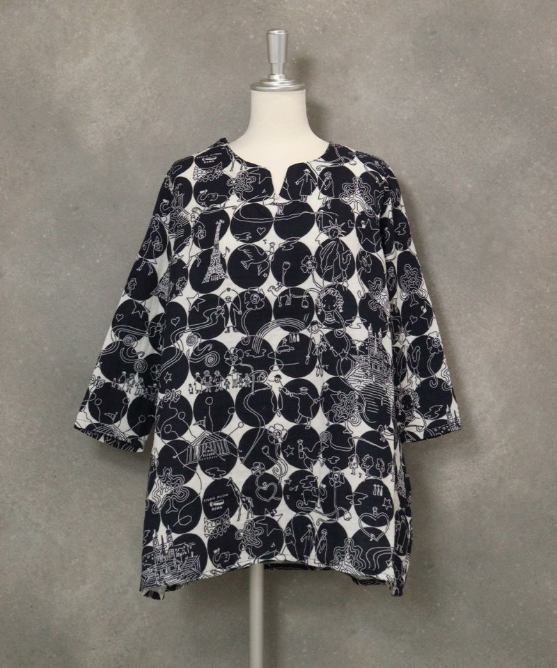 【UCHINOコラボ】サークル柄コットンチュニック(ホワイト×ネイビー)