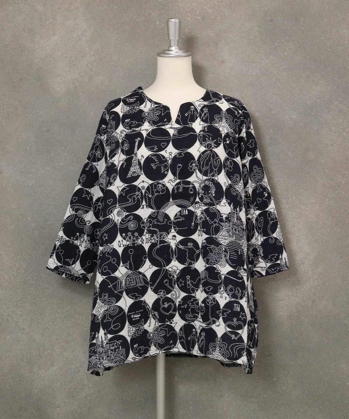 【UCHINOコラボ】サークル柄コットンチュニック(ホワイト×ネイビー)