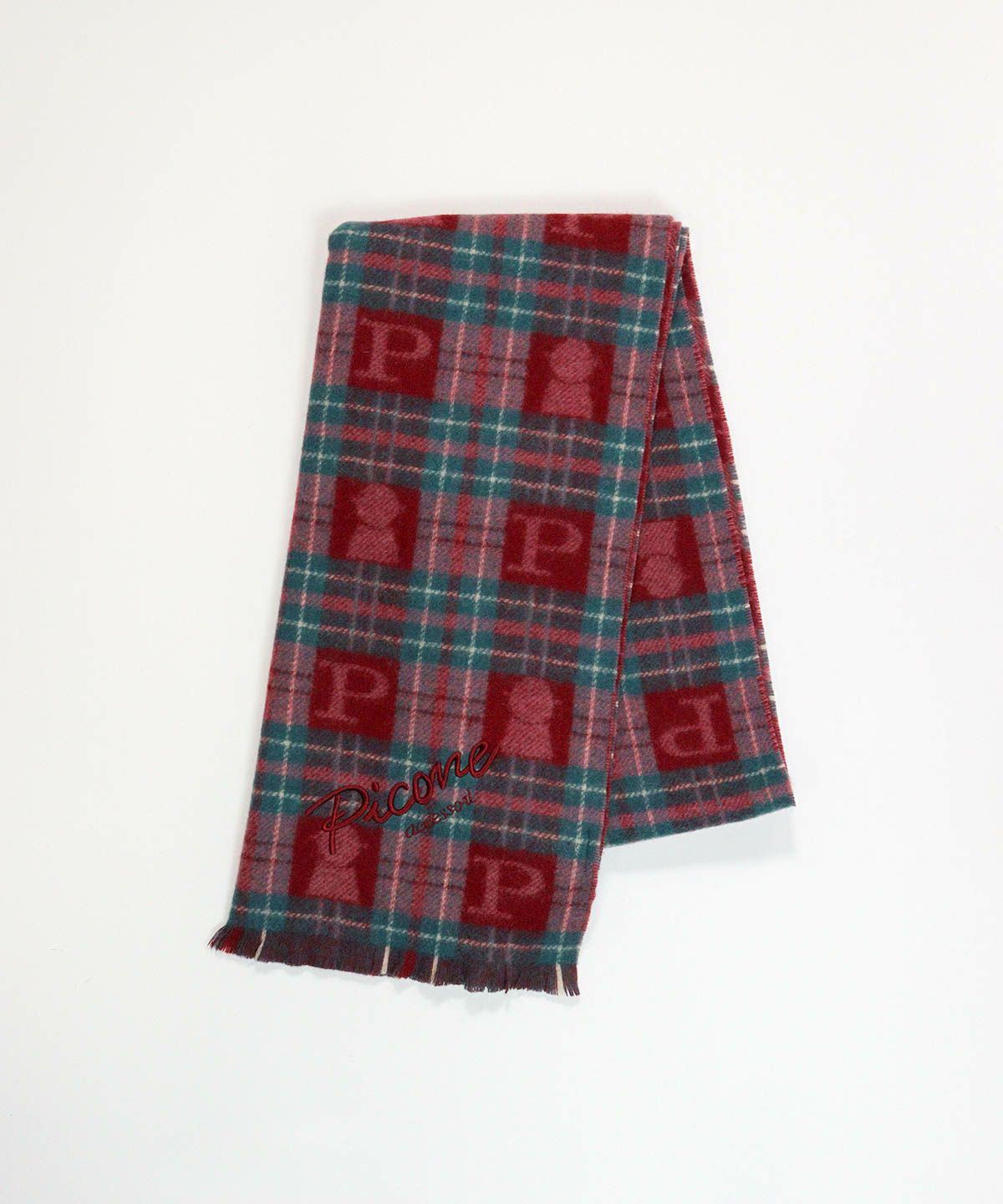 ウール100％タータンチェック柄ストール(レッド)