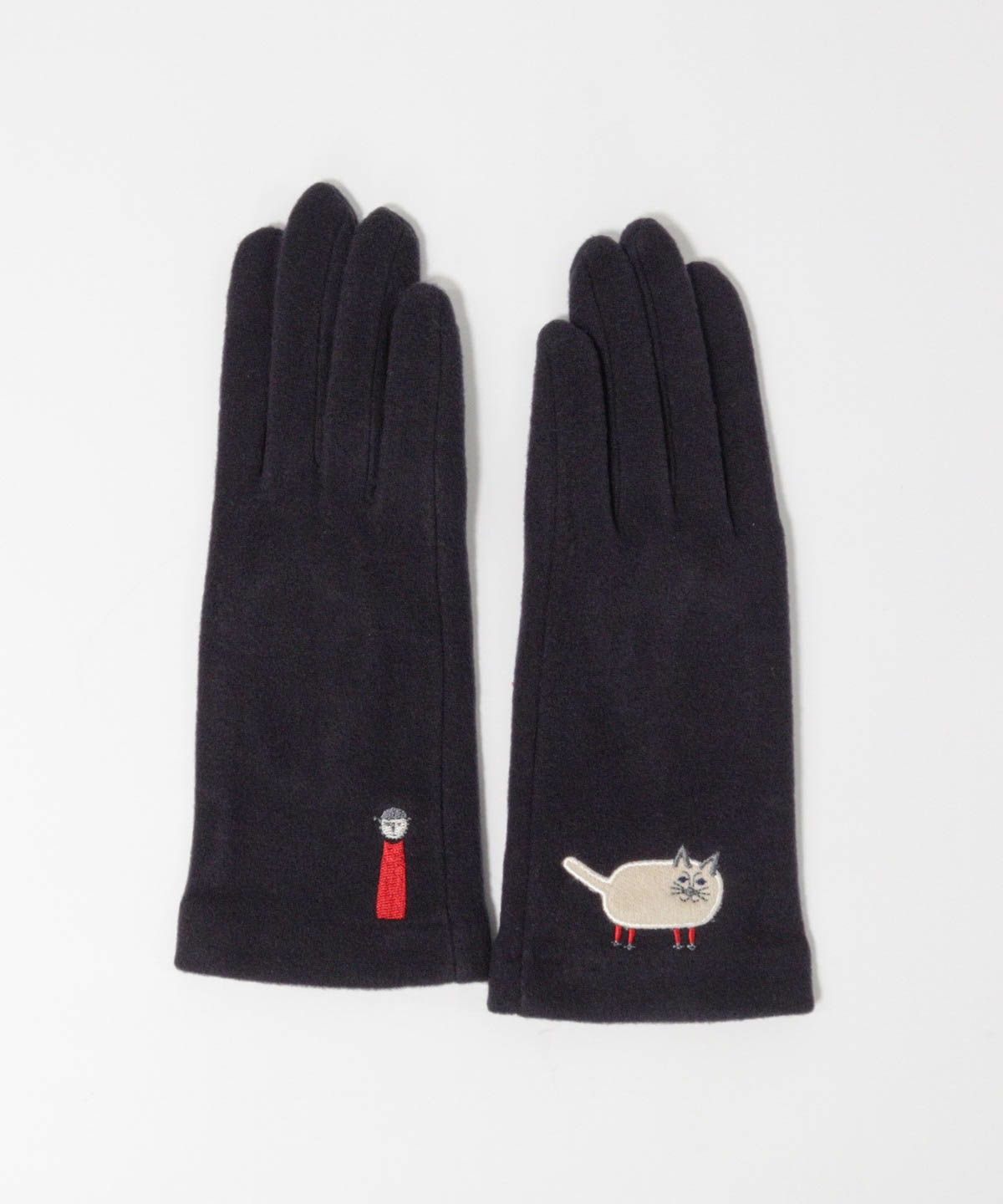 ネコ刺繍手袋（ネイビー）