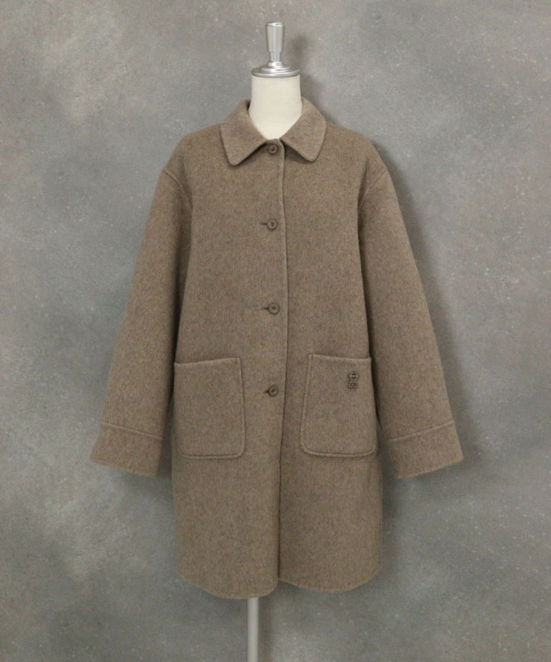 ウール混ミドル丈リバーコート（ブラウン）