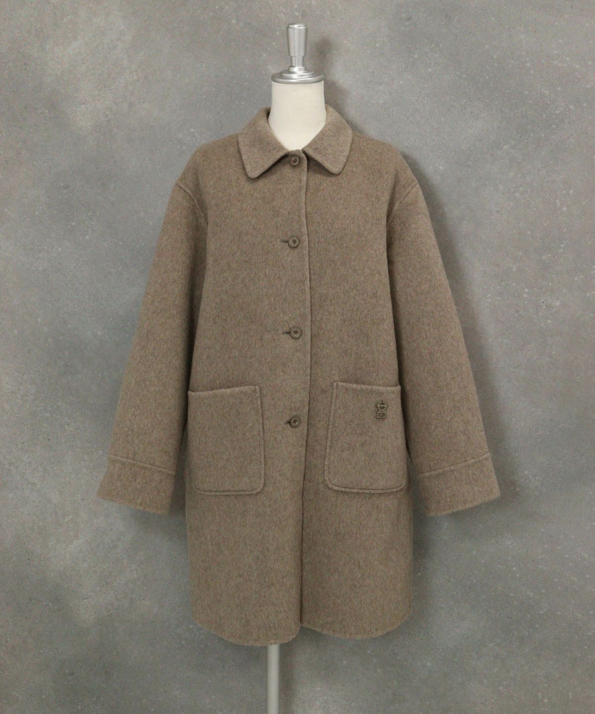 ウール混ミドル丈リバーコート（ブラウン）