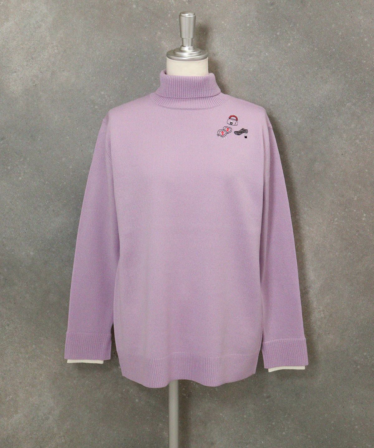 ウール混刺繍タートルニット（ライトパープル）