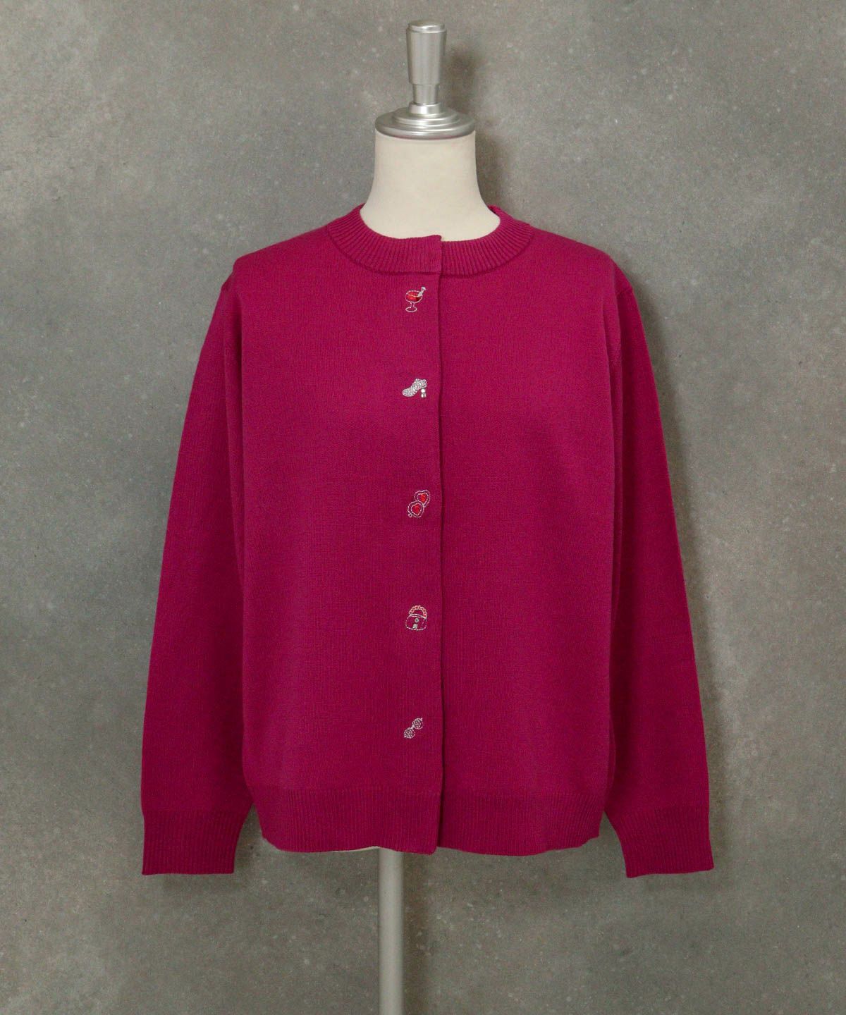 ウール混ボタン風刺繍カーディガン（パープル）