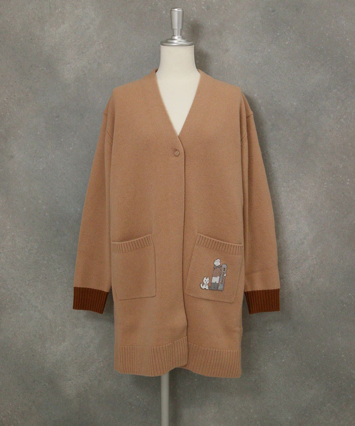 ウール100％チュニック丈カーディガン（キャメル）