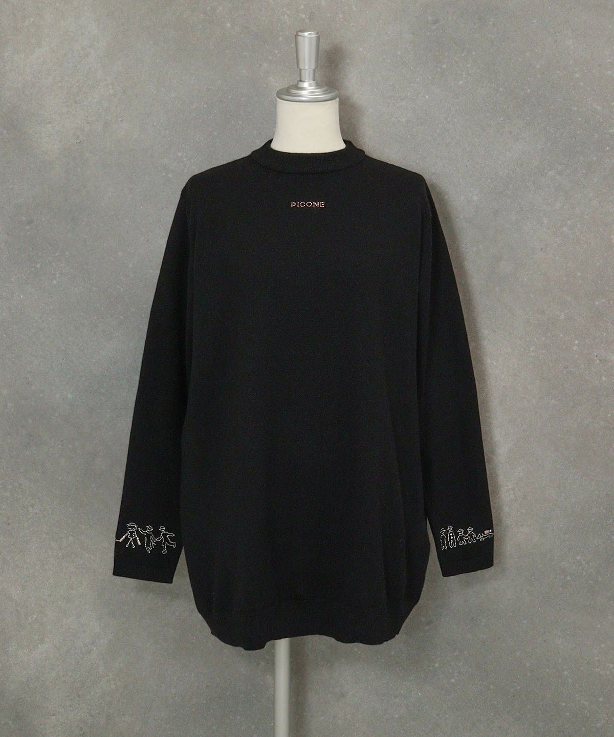 ウール混袖口刺繍ニット（ブラック）