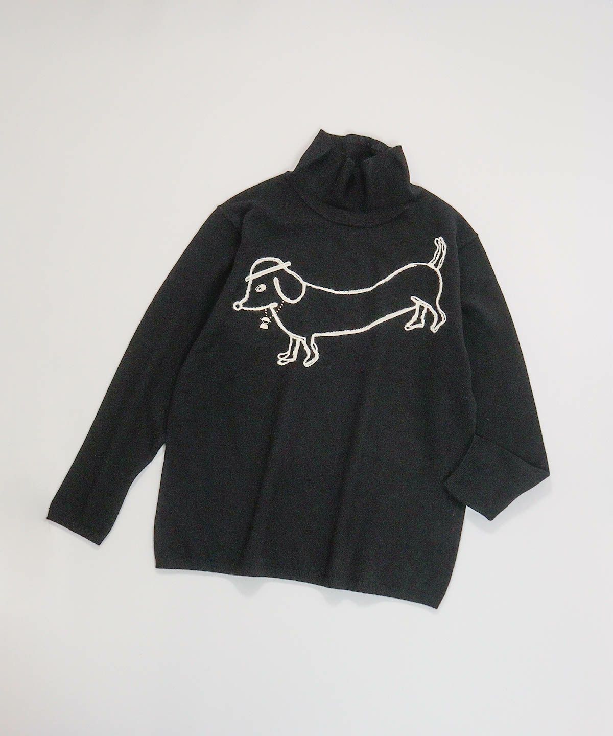ウール100％DOG刺繍ハイネックニット（ブラック）