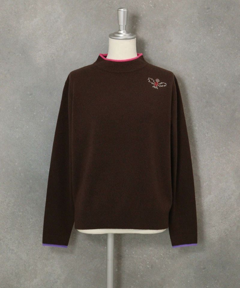 カシミヤ100％ポイントカラーニット(ブラウン)前