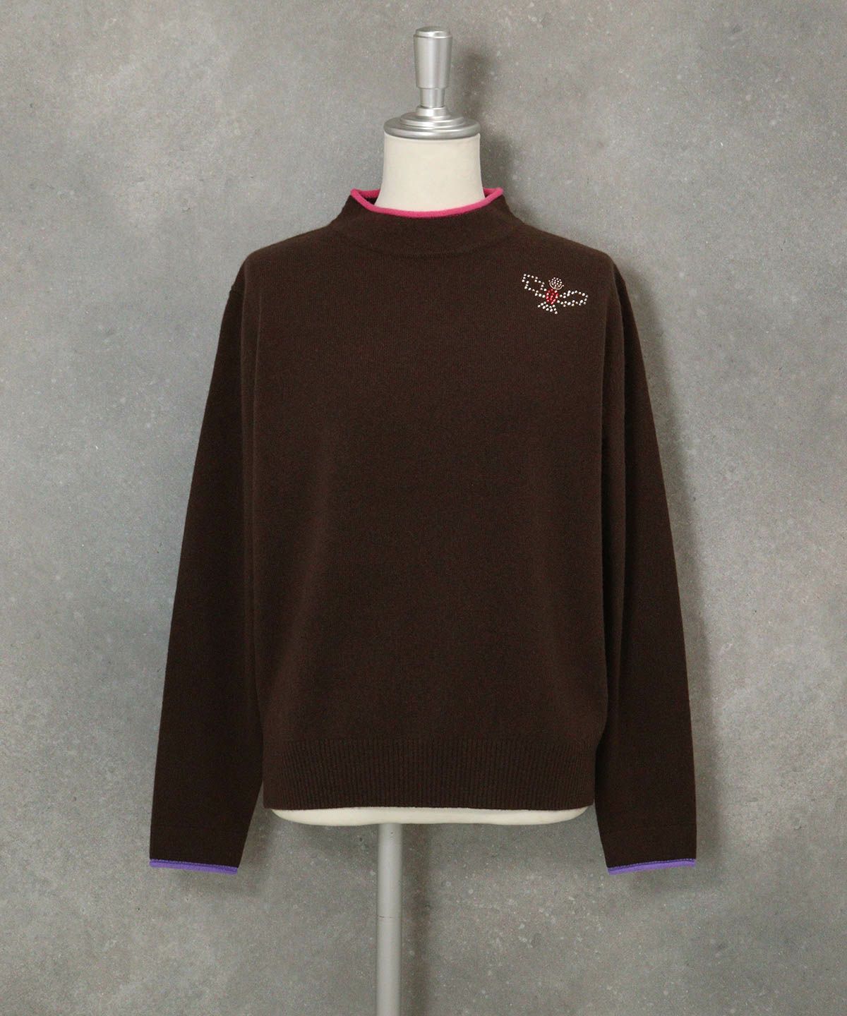 カシミヤ100％ポイントカラーニット(ブラウン)前