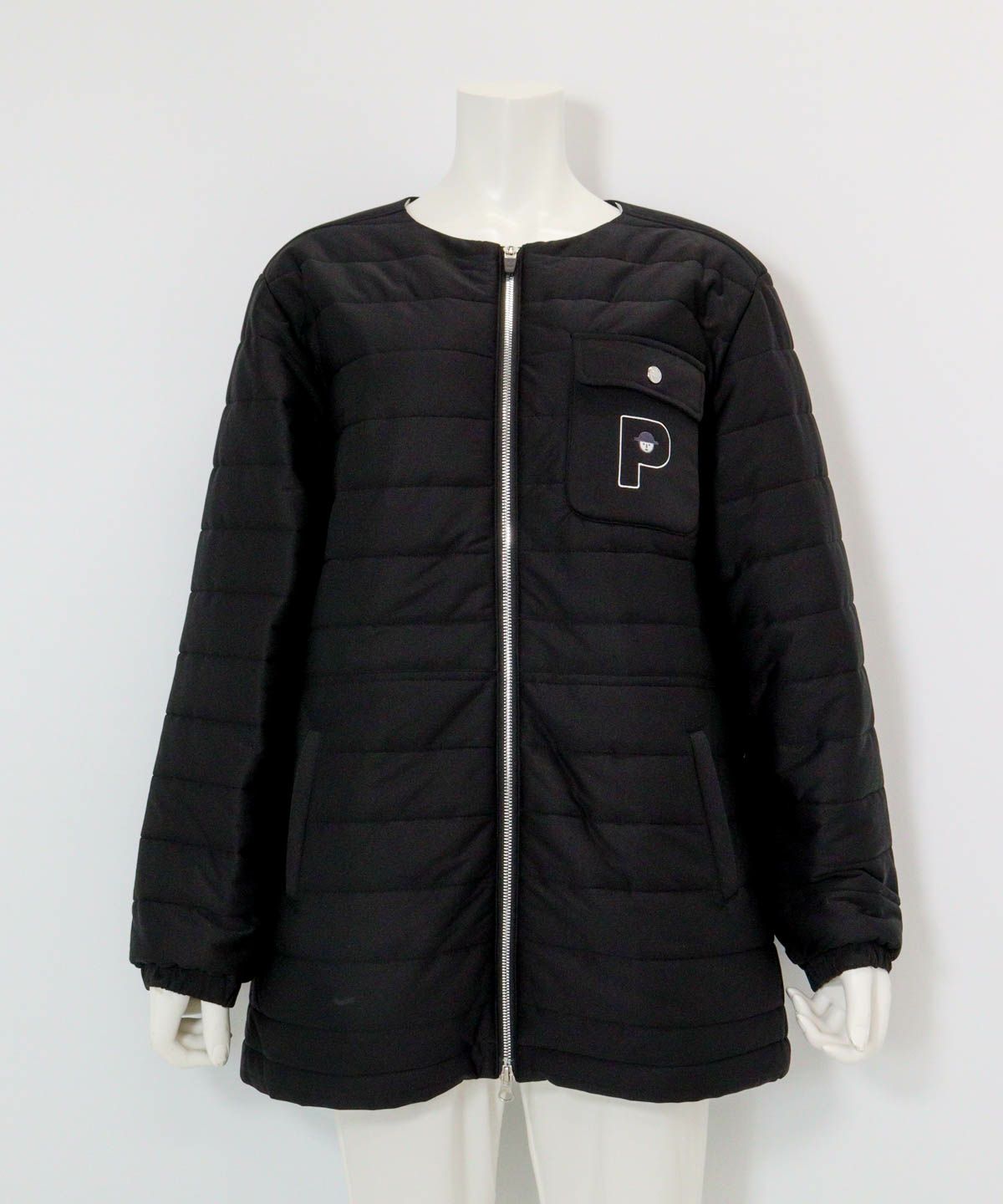 防風保温ノーカラー中綿ブルゾン（ブラック）