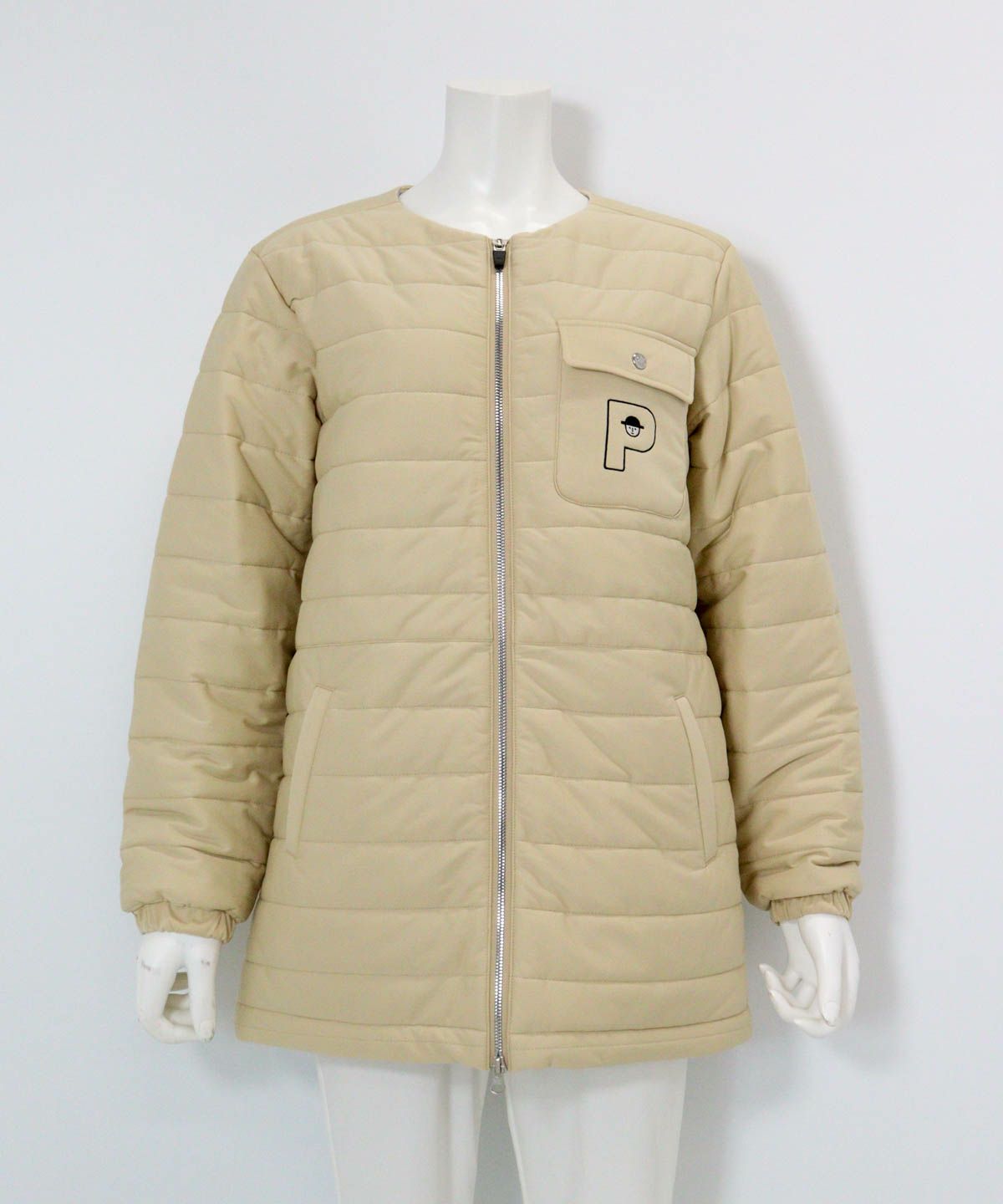 防風保温ノーカラー中綿ブルゾン（ベージュ）