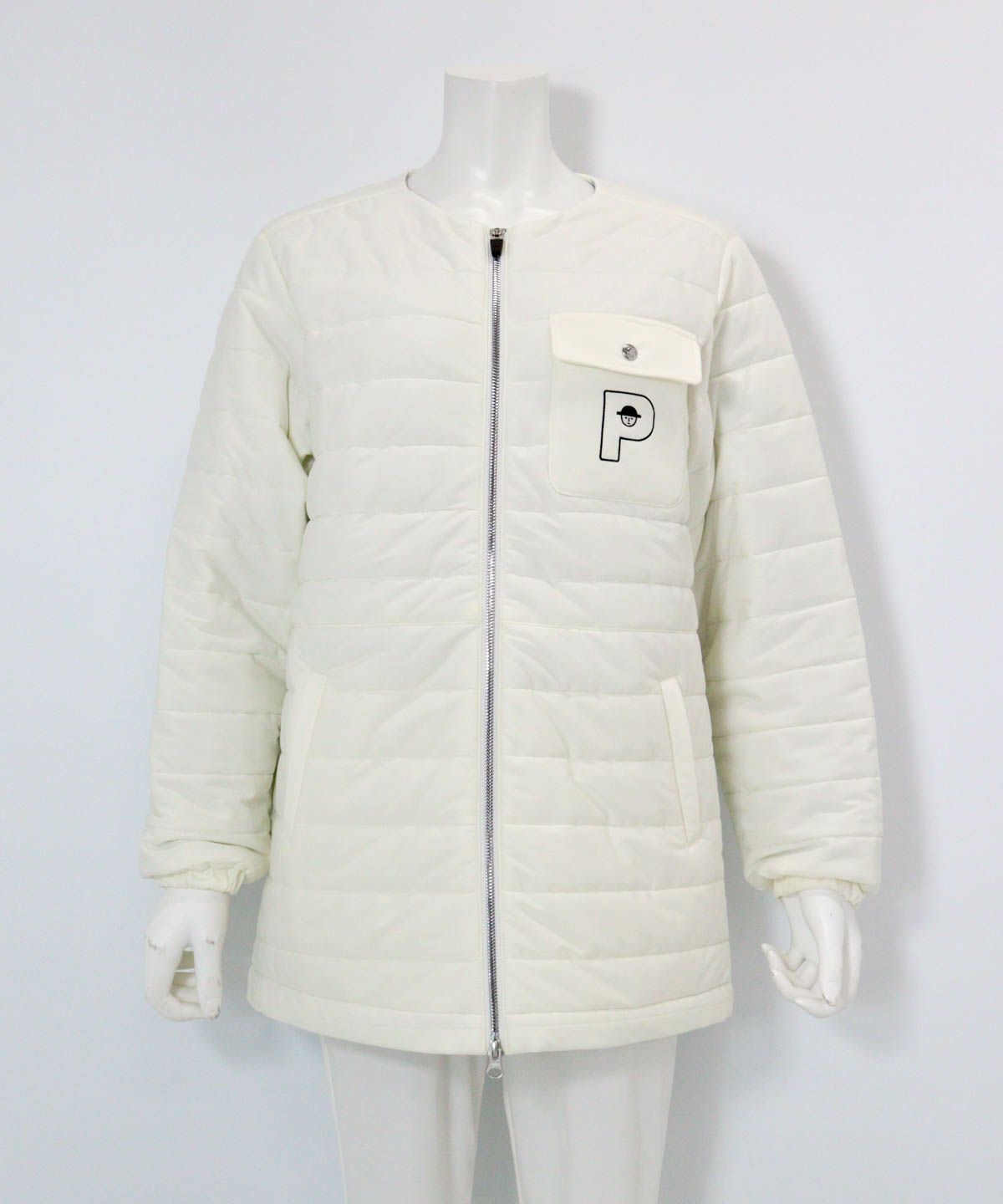 防風保温ノーカラー中綿ブルゾン（ホワイト）