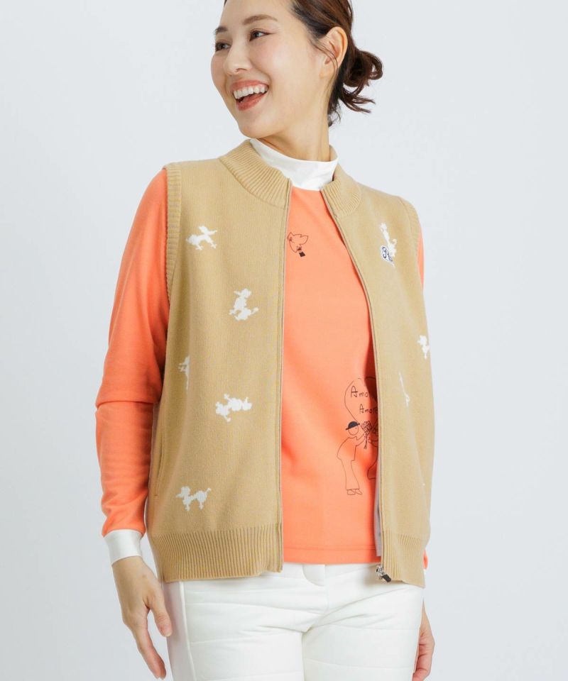 PiCONE 赤 プリント柄 ベスト プードル柄発熱ニットベスト|ピッコーネクラブ - ゴルフウェアや婦人服通販