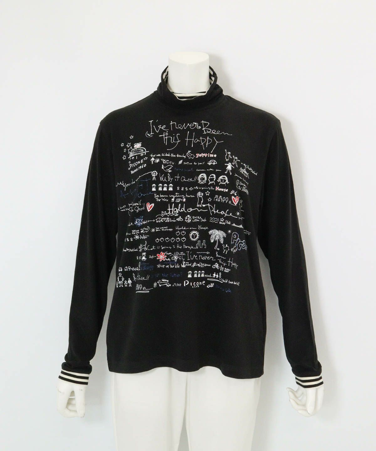 手描き風イラスト発熱素材プルオーバー(ブラック)前