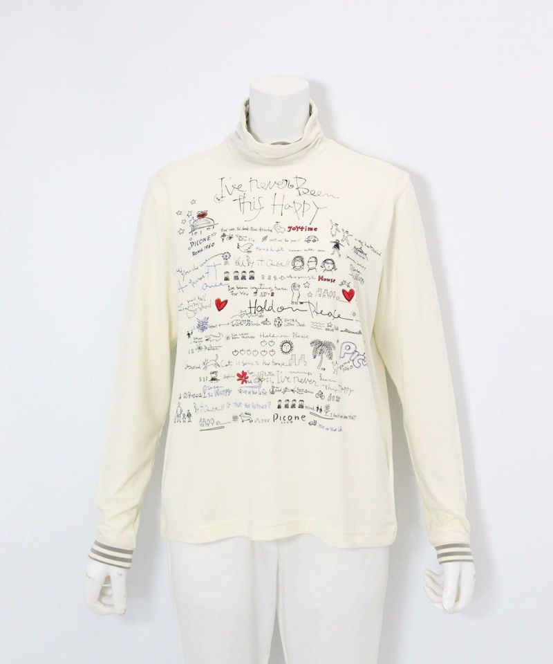 手描き風イラスト発熱素材プルオーバー(ホワイト)前