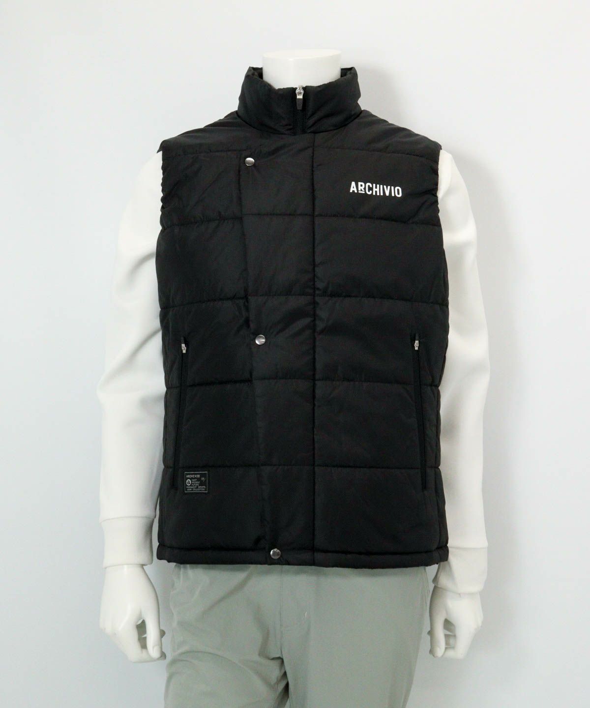 【メンズ】ジップアップ撥水中綿ベスト(ブラック)前