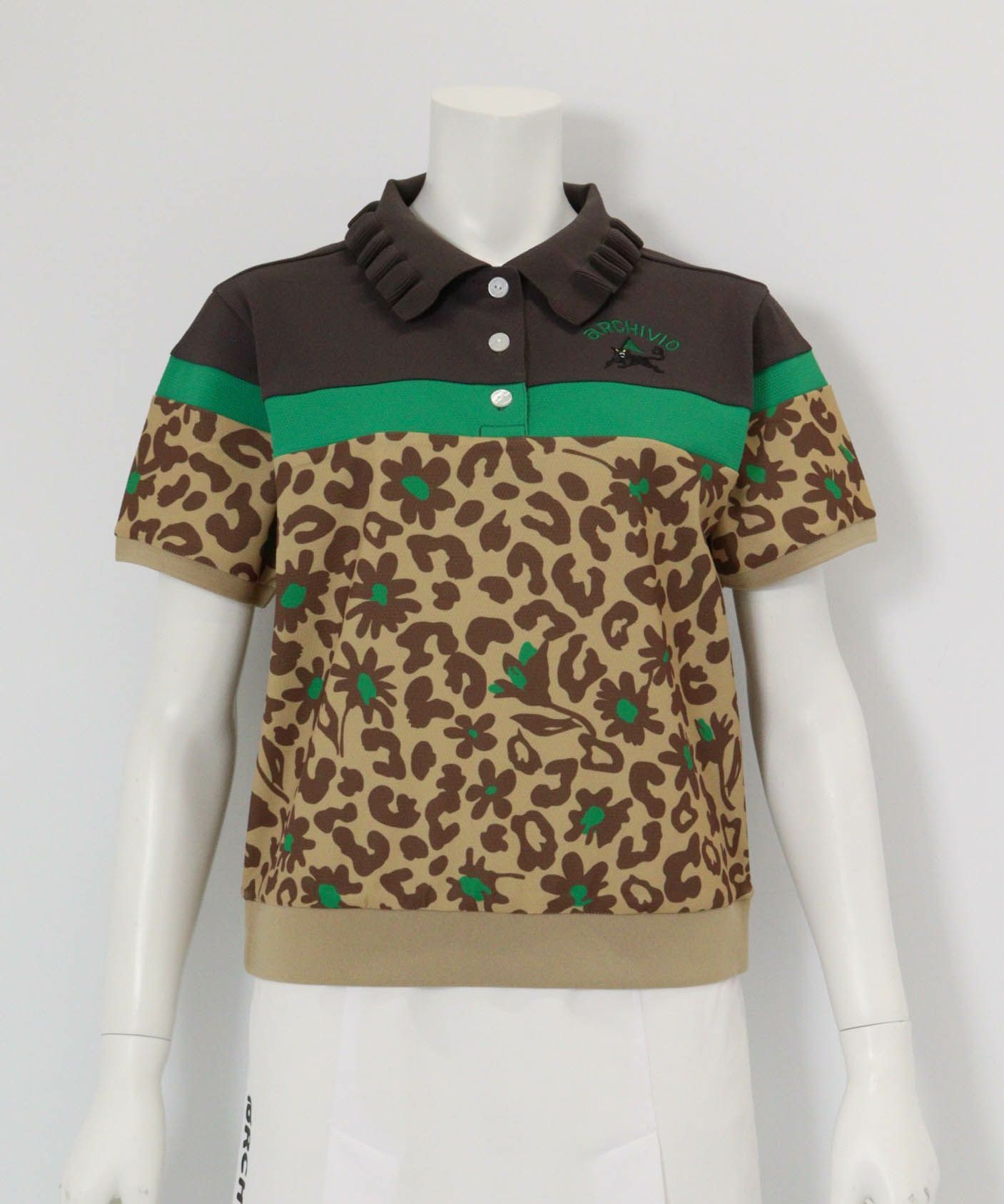 フリル襟配色UVポロシャツ(ブラウン×レオパード)前