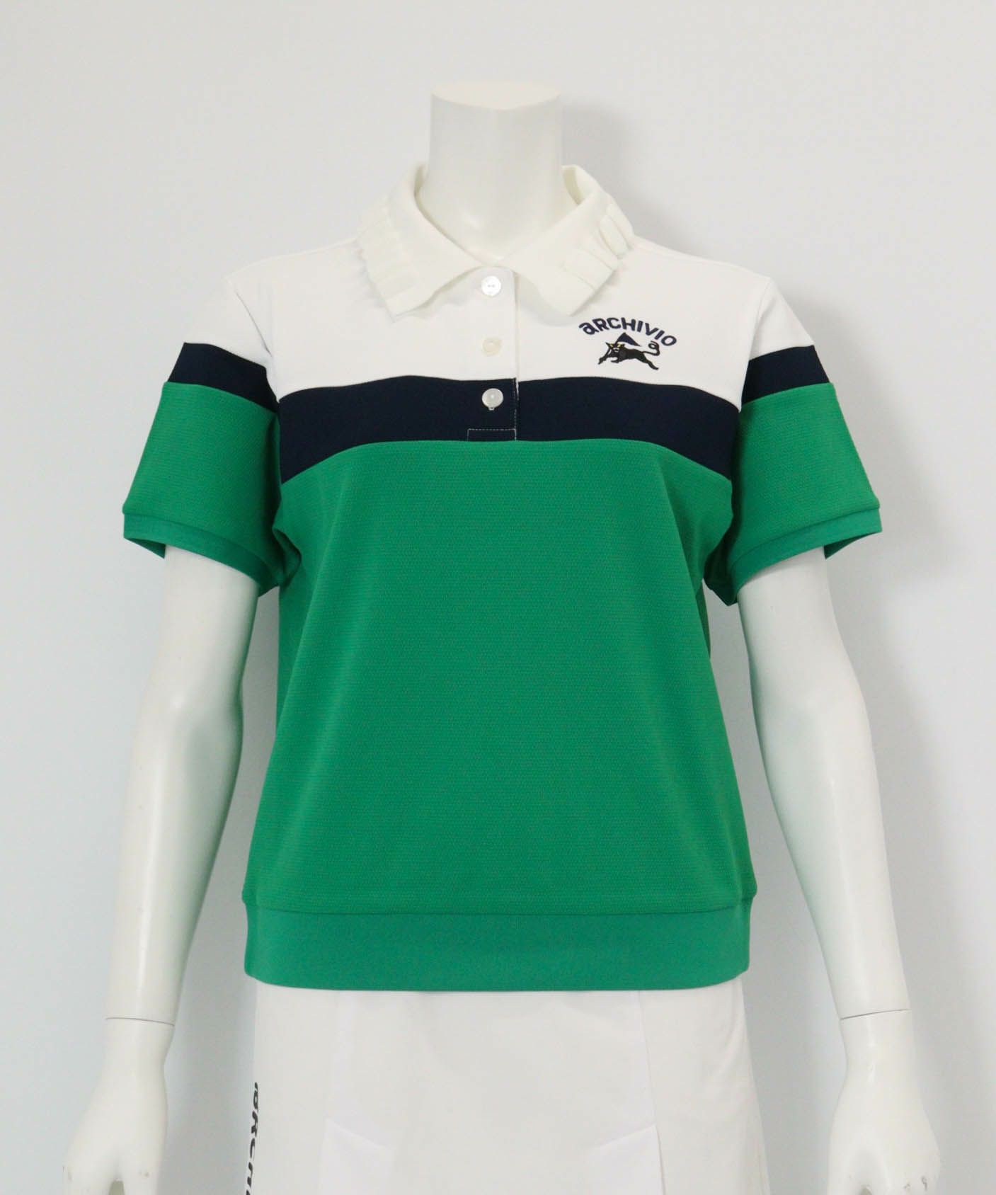 フリル襟配色UVポロシャツ(ホワイト×グリーン)前